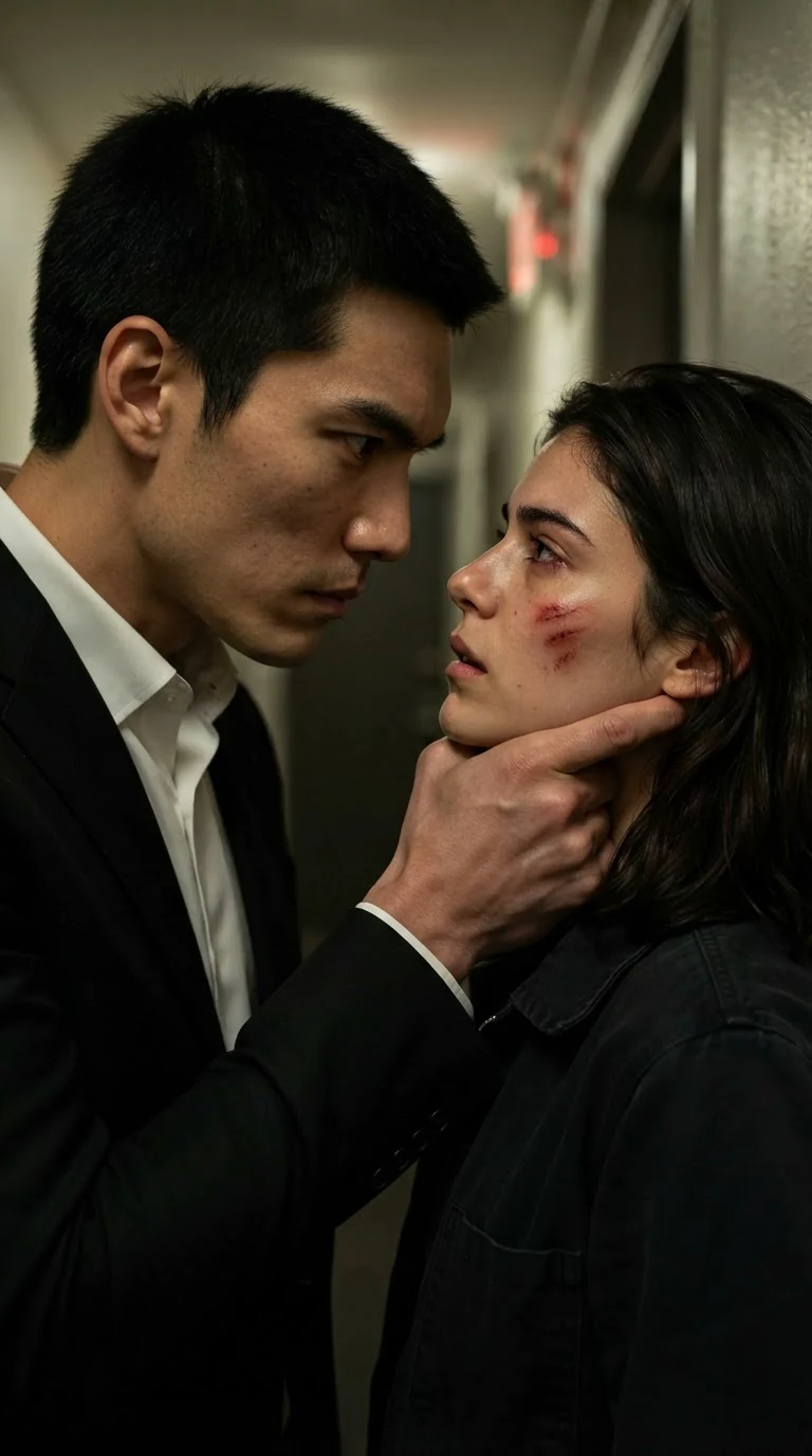 A man grips a woman's jaw and turns her face up in a dark hallway.