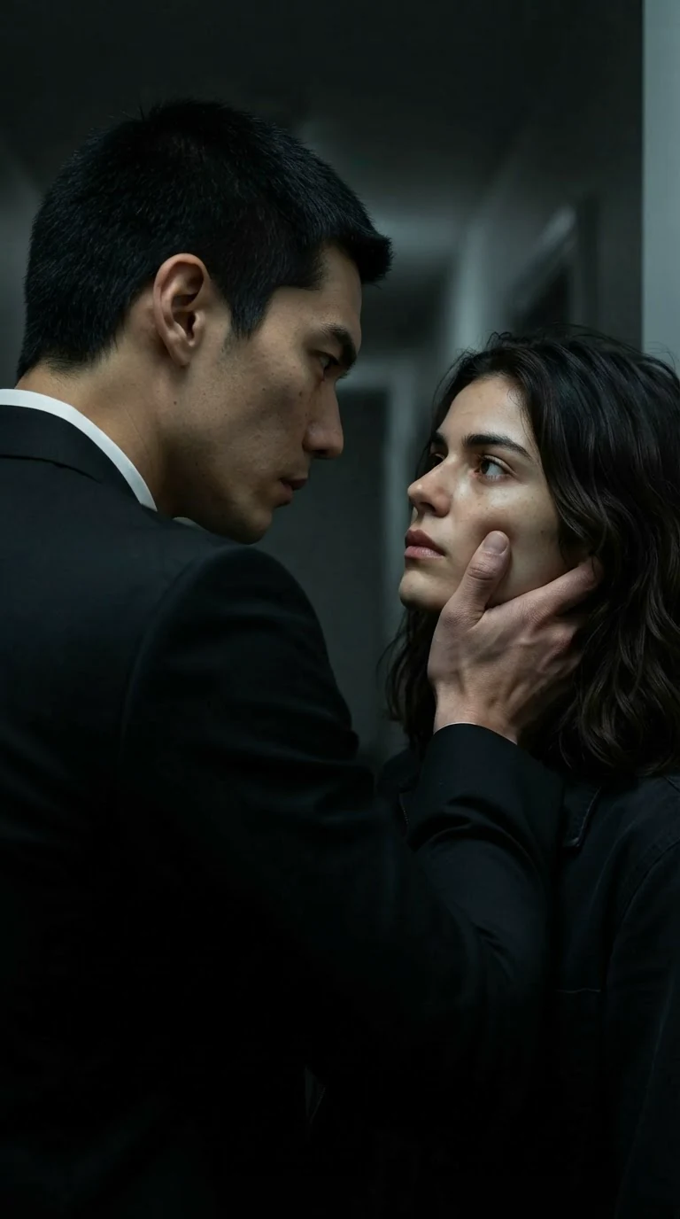 A man and woman face to face in a hallway, his hand on her jaw, her eyes steady.