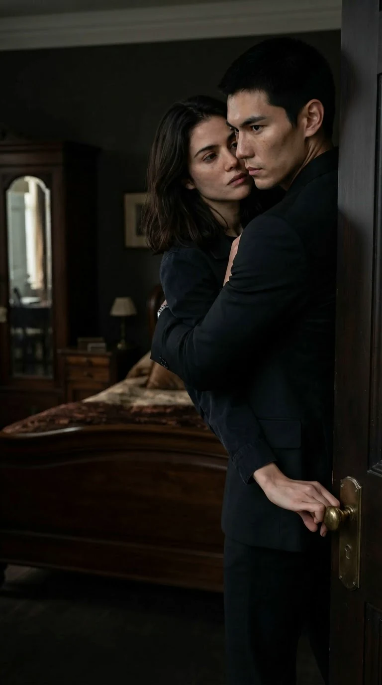 A man carries a woman into a dark bedroom with a wide bed and locks the door.