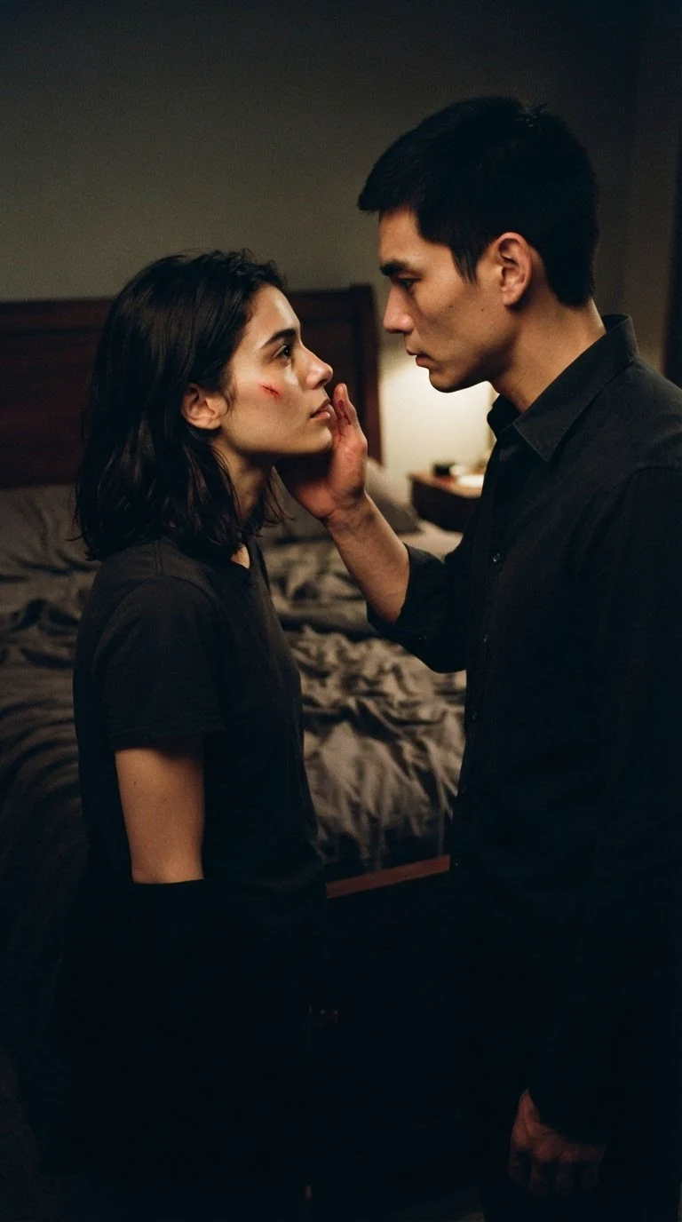 A man wipes blood from a woman's cheek, his hand shaking, in a dark bedroom.