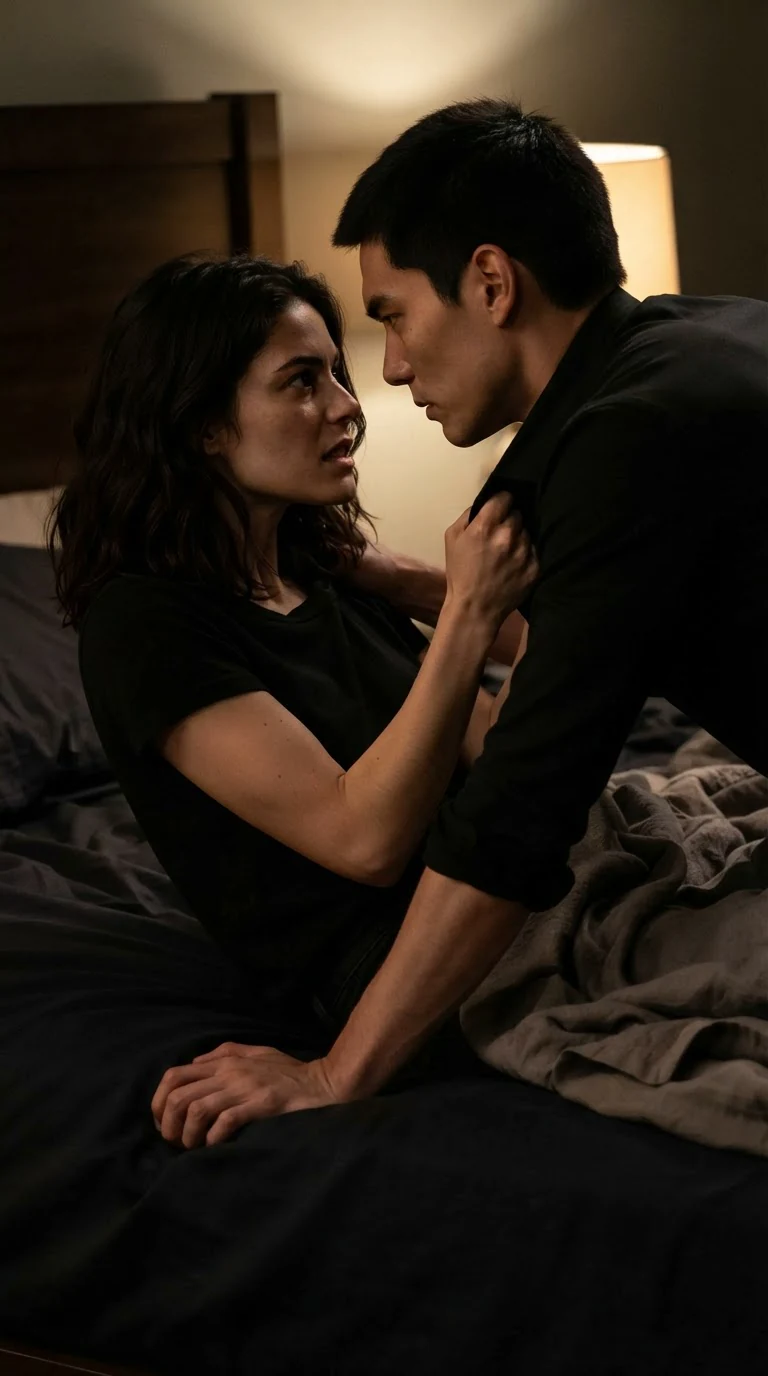 A woman pulls a man down by the collar into a hard kiss in a dark bedroom.
