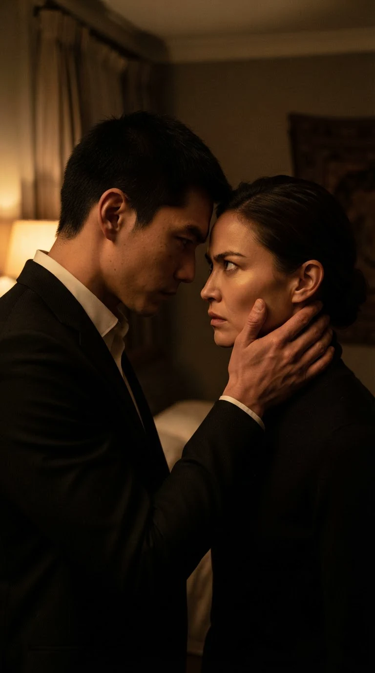 A man and woman kiss hard, his hand sliding under her shirt onto her bare hip.