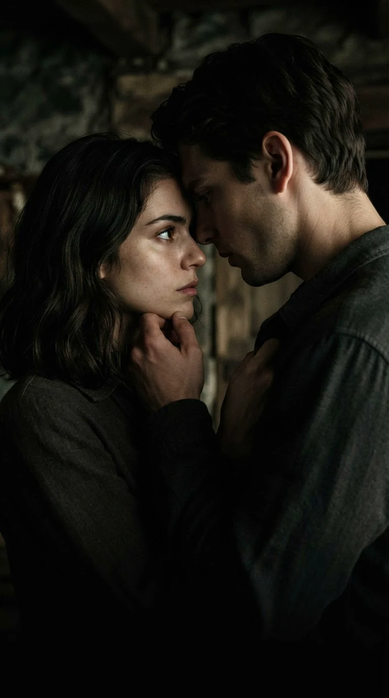 Close on a woman's face and a man's bare shoulder, her fingers in his hair.