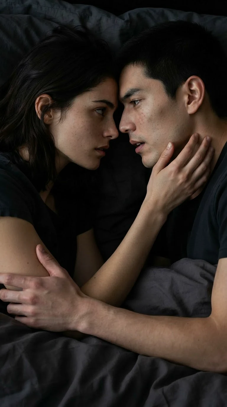 Close on a man and woman, her hand on his jaw, both still partly dressed.