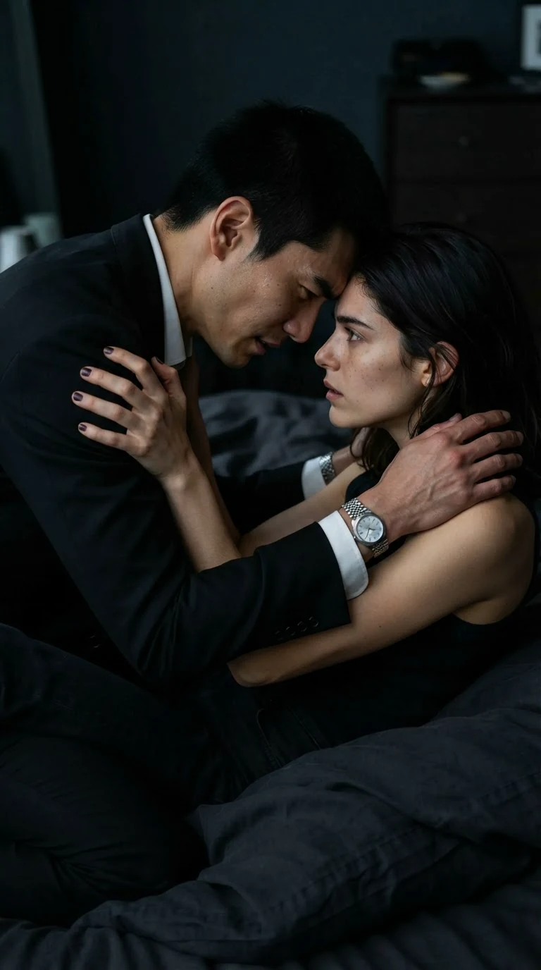 A man over a woman on a dark bed, foreheads close, her hands on his shoulders.