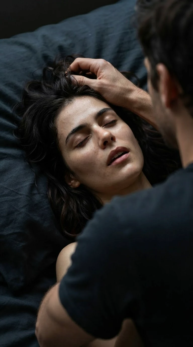 Close on a woman's face at the moment of release, a man's hand in her hair.