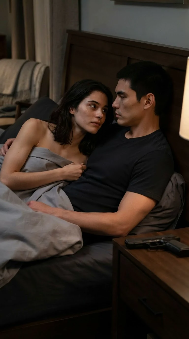 A man and woman sit against a headboard, a gun on the nightstand, both faces open.