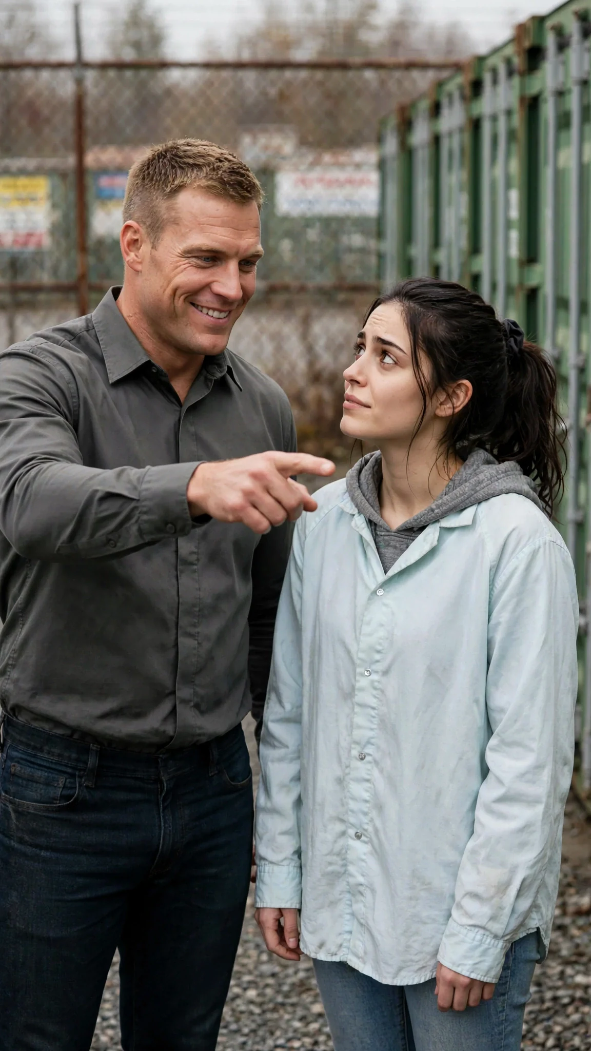A man in a work shirt gestures at a row of metal storage units while a young woman in a hoodie watches him.