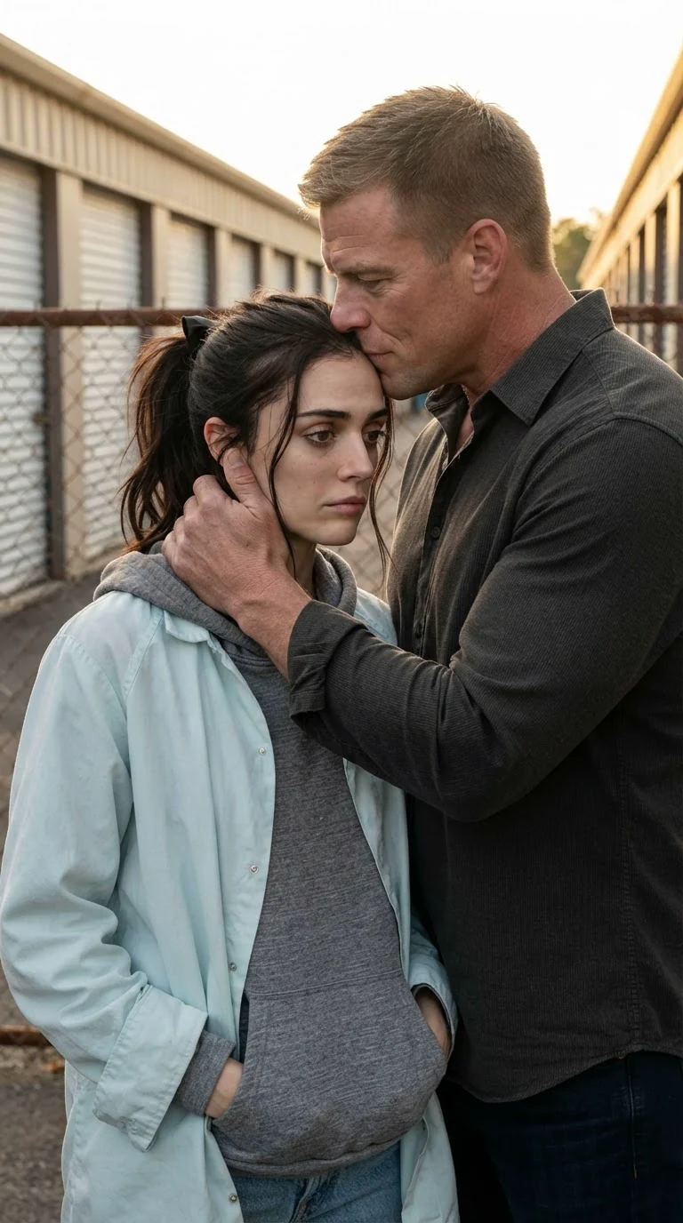 A broad man kisses a young woman's forehead while she stands still with her hands in her pockets.