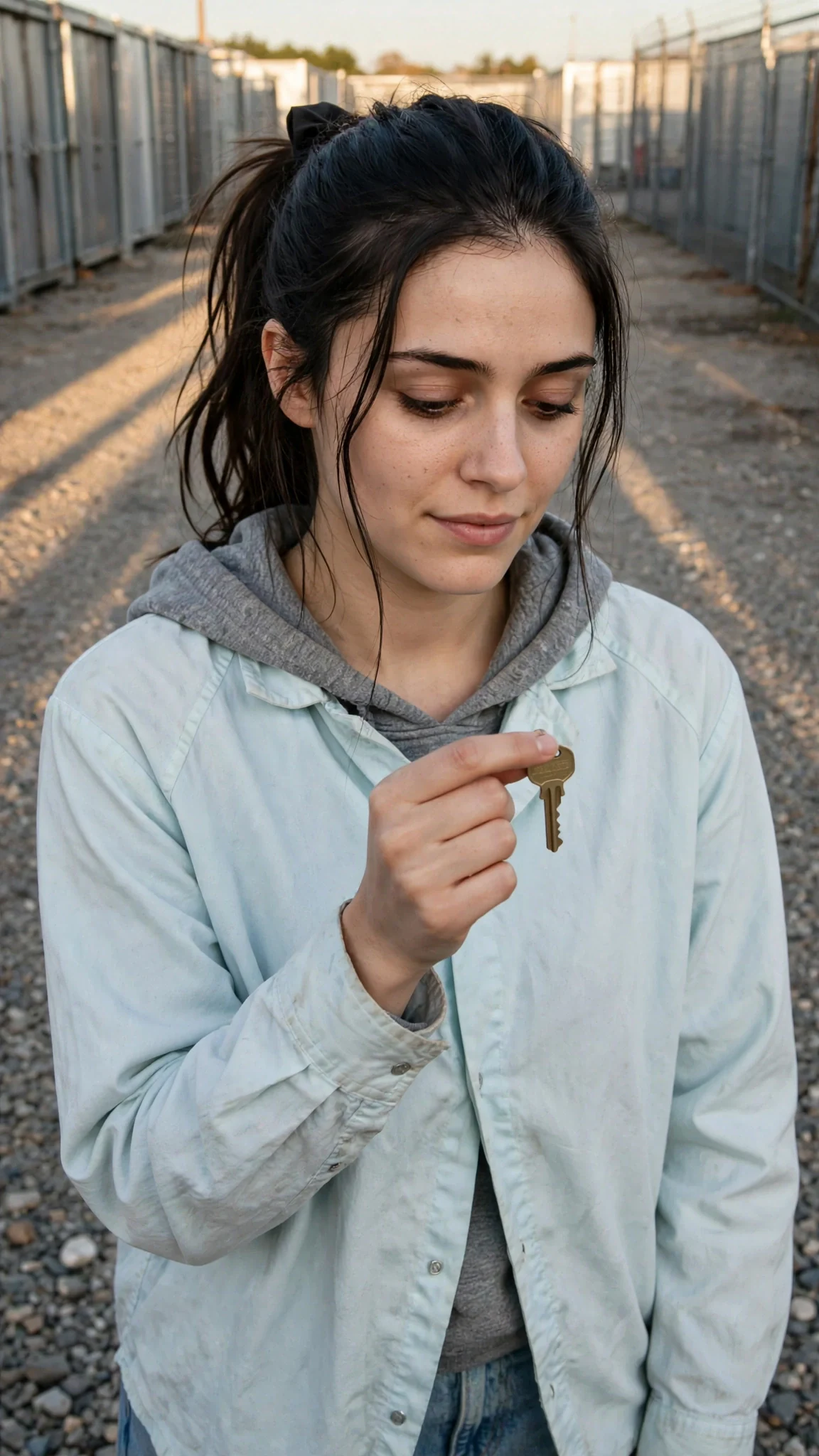 A young woman stands alone in a gravel storage lot, holding a key up to the light.