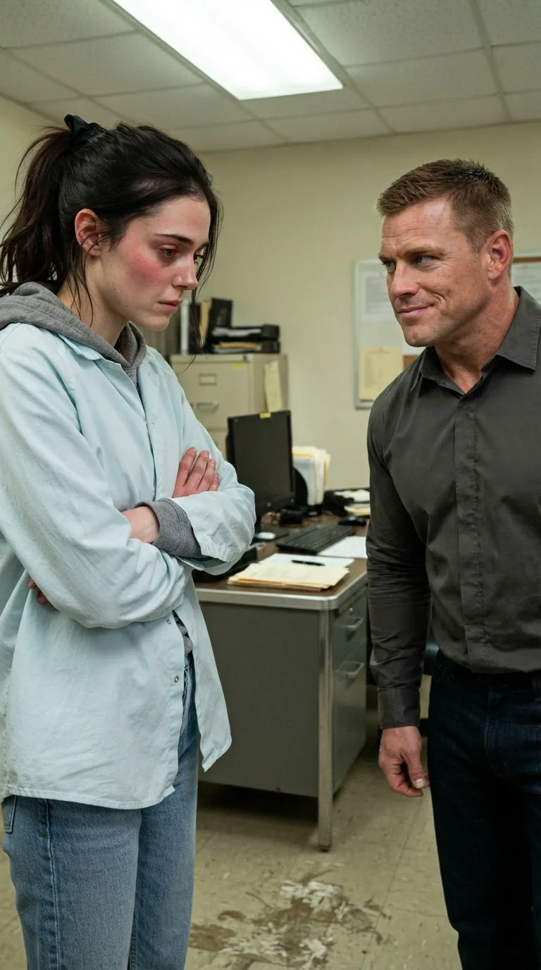 A young woman stares at the floor with burning cheeks while a man watches her from behind a desk.