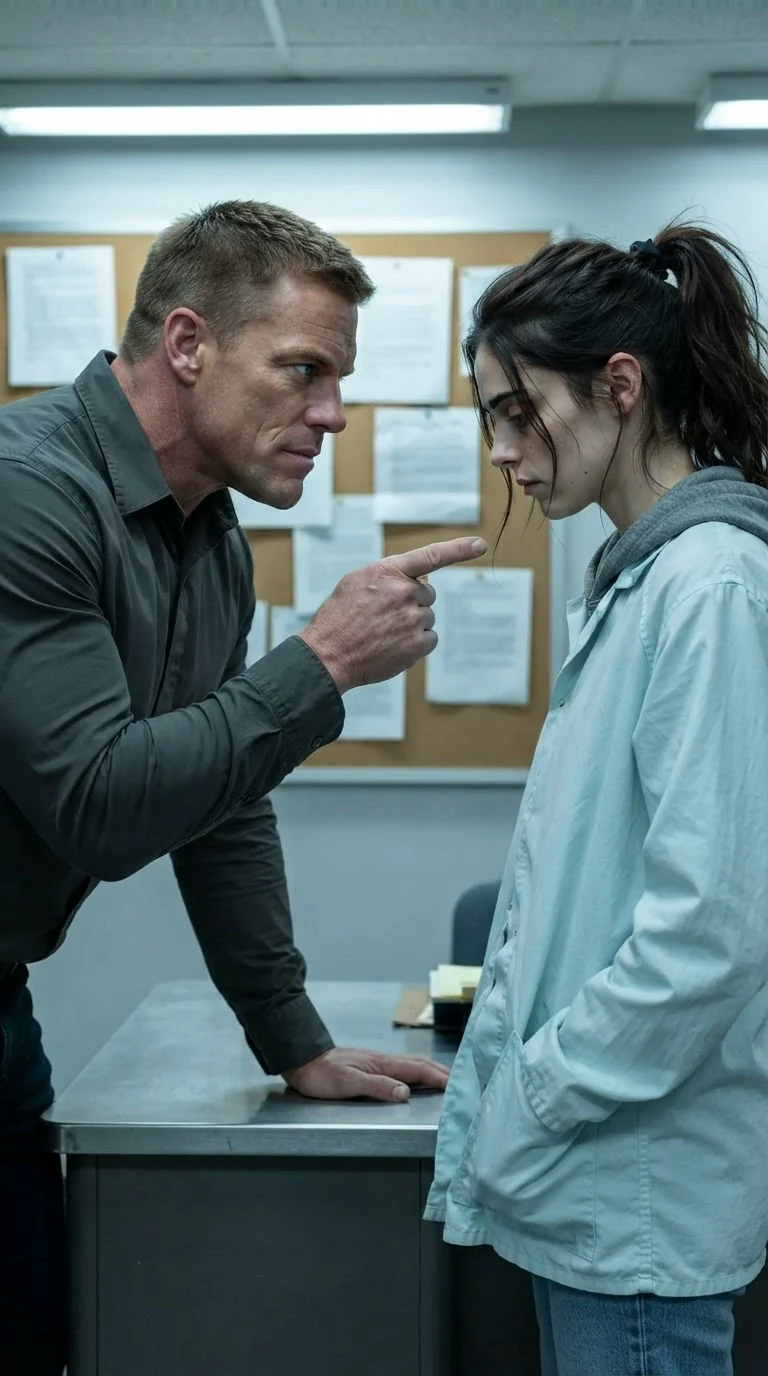 A man points a finger at a young woman across a desk, his expression cold.