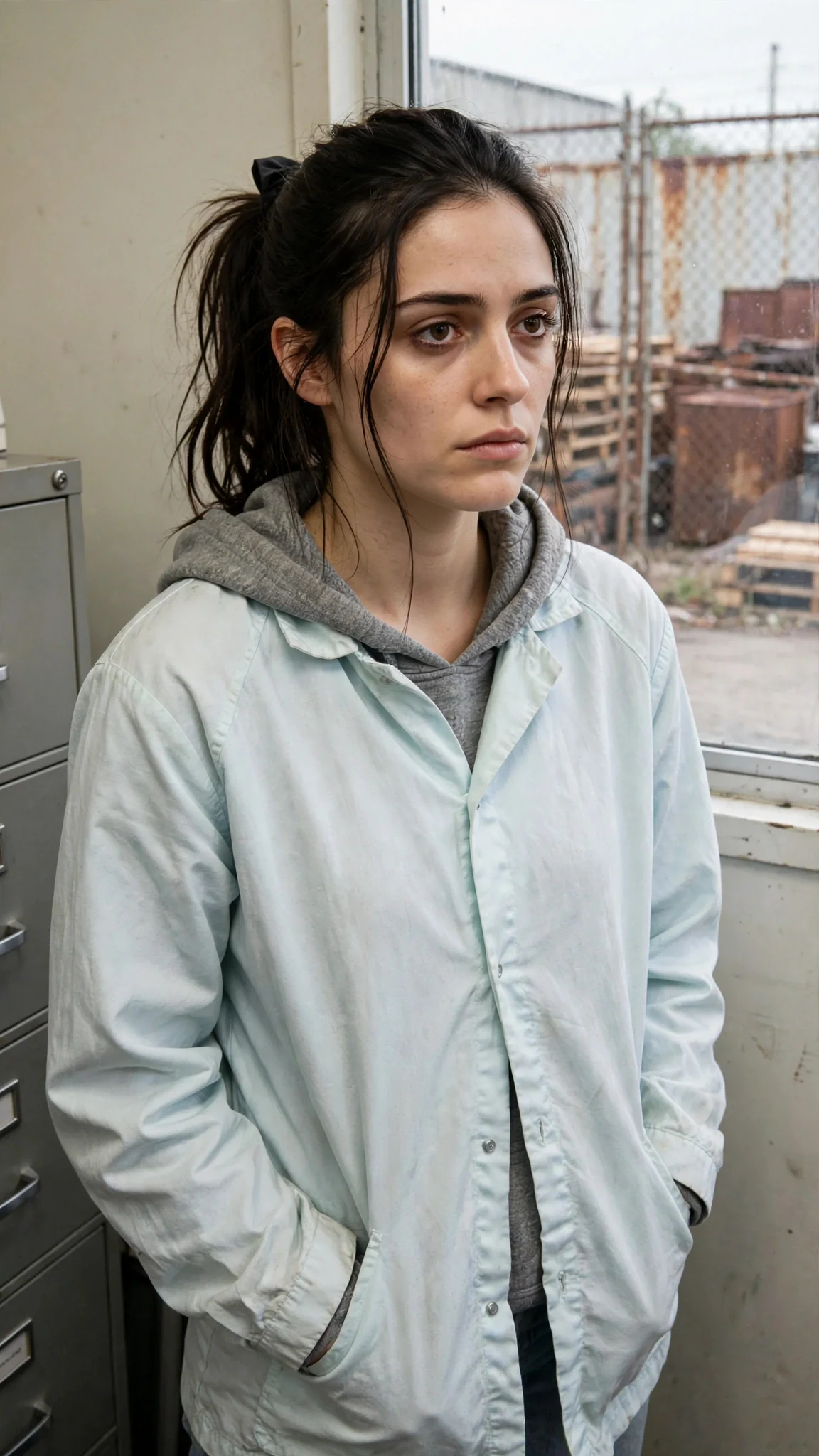 A young woman stands alone by a filing cabinet with her hands jammed in her hoodie pockets.
