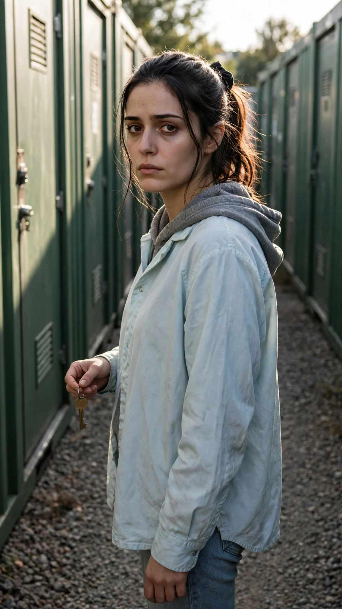 A young woman walks alone down a gravel aisle between metal storage units, a key in her hand.