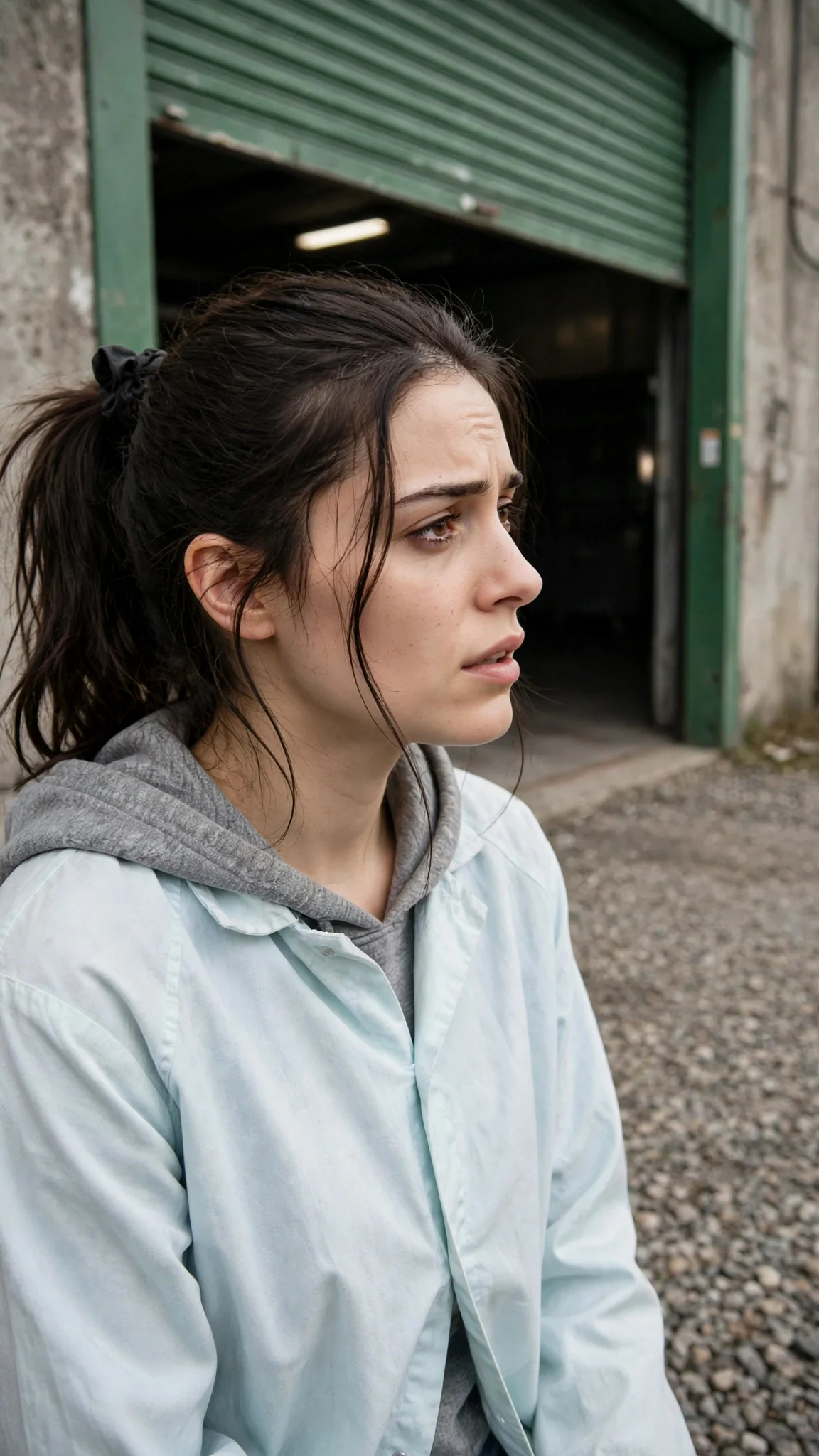 A young woman pauses in a storage aisle, head tilted, listening toward a half-open unit door.