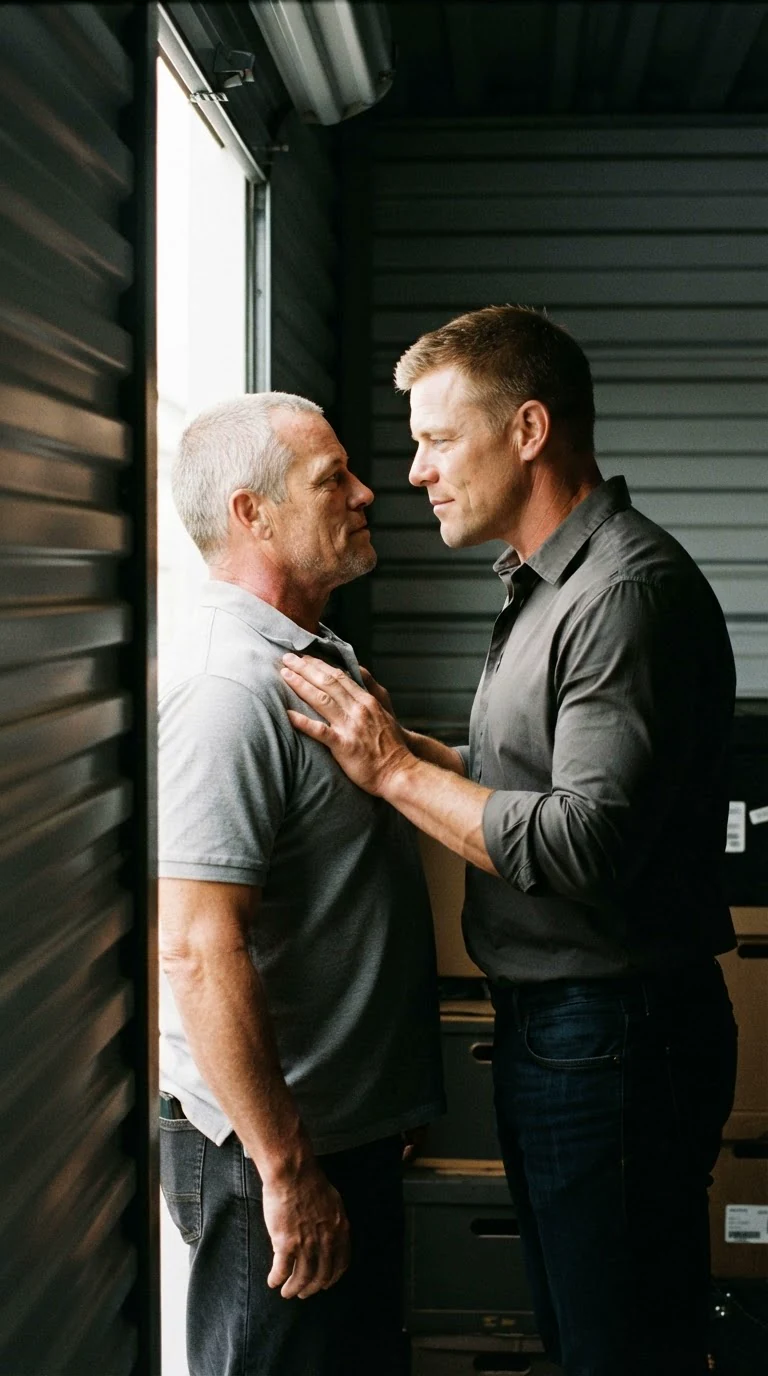 Through a gap in a storage unit door, a broad man pins a stocky gray-haired worker against the metal wall.
