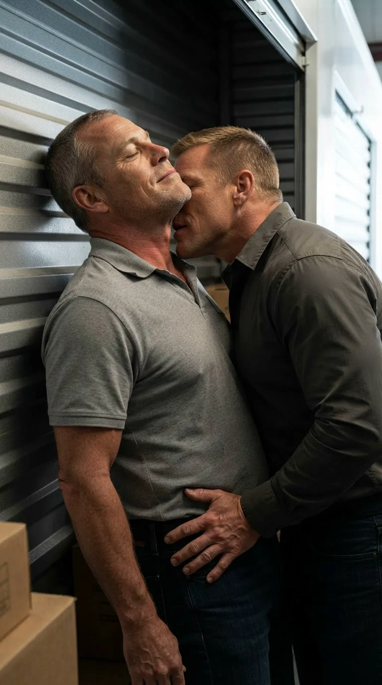 A broad man leans into a stocky worker's neck, one hand at the worker's belt, inside a dim storage unit.