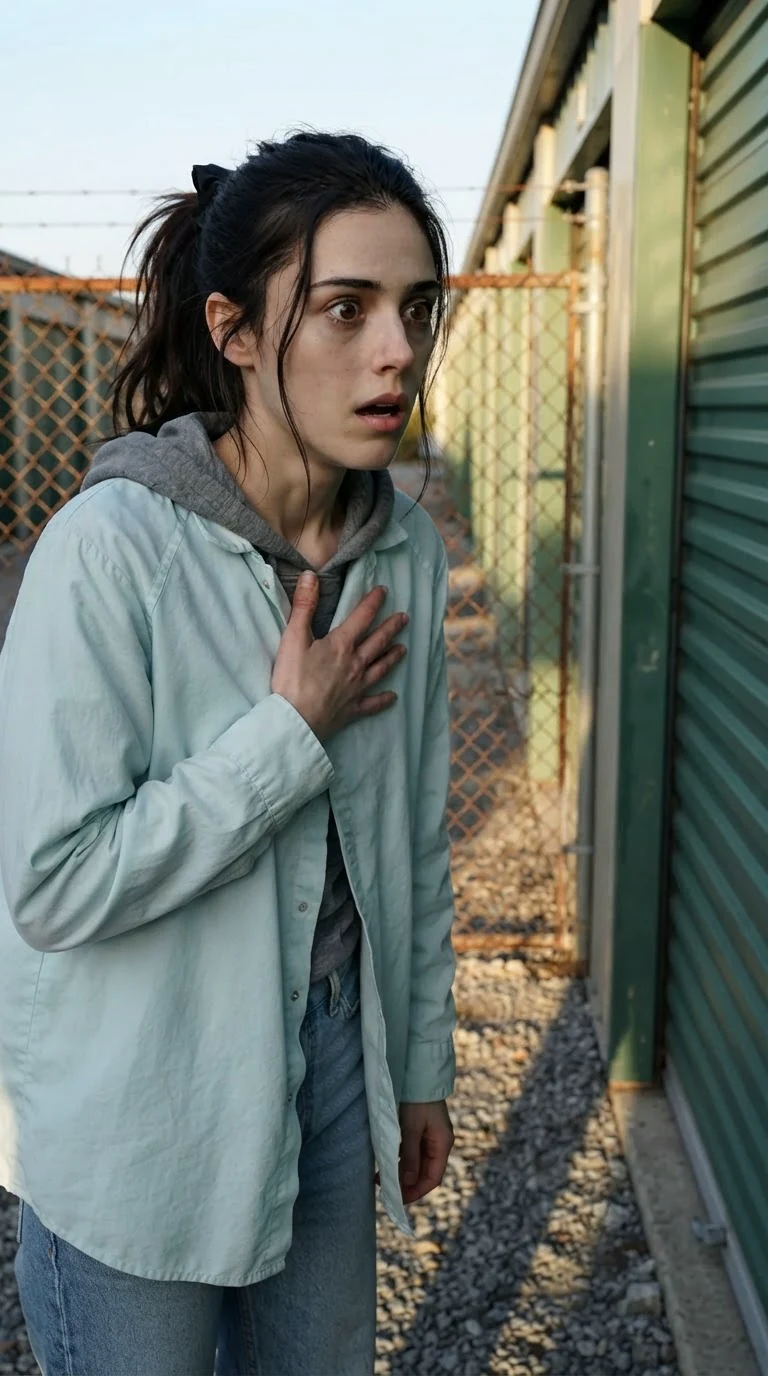 A young woman stands frozen in the gravel with one hand pressed to her chest.