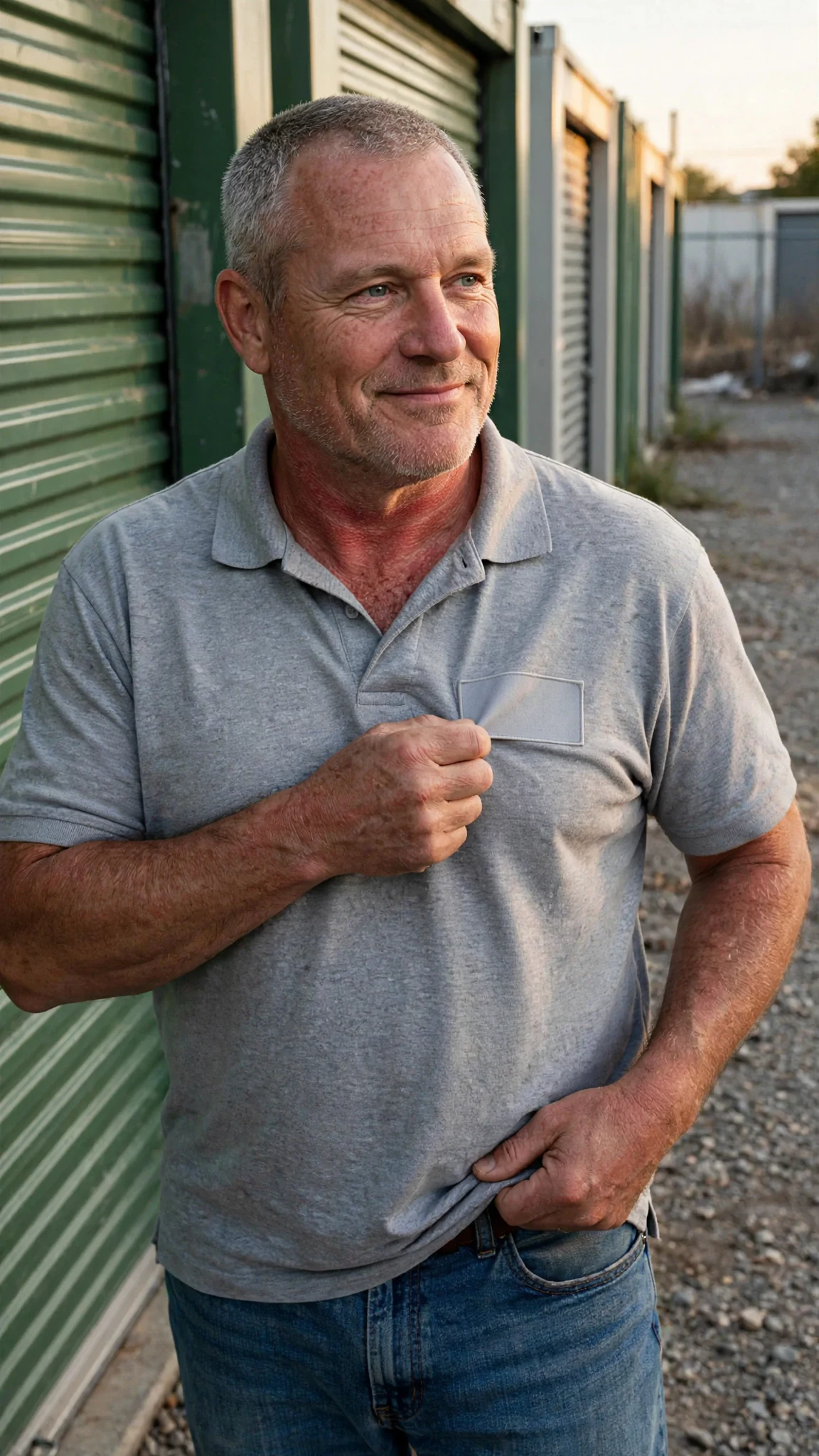 A stocky gray-haired worker in a work polo steps out of a storage unit fixing his crooked name patch.