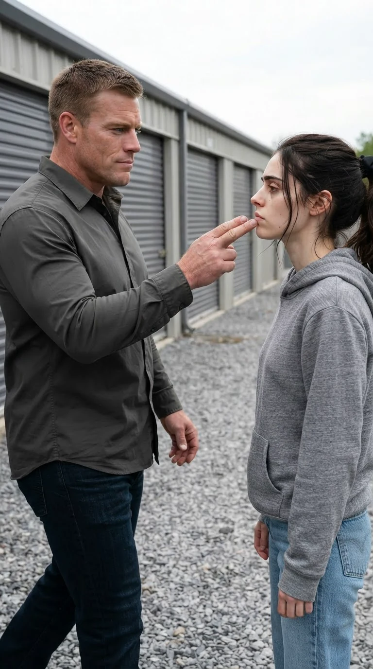 A man in a work shirt walks past a young woman, two fingers flicking her cheek, his mouth flat.