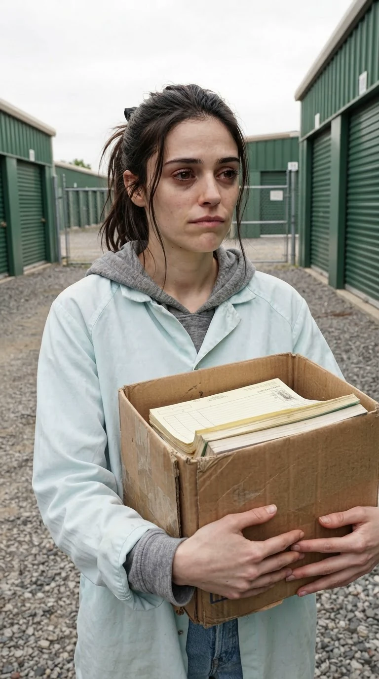 A young woman holds a cardboard box of paper pads against her chest in a storage aisle, eyes wet.