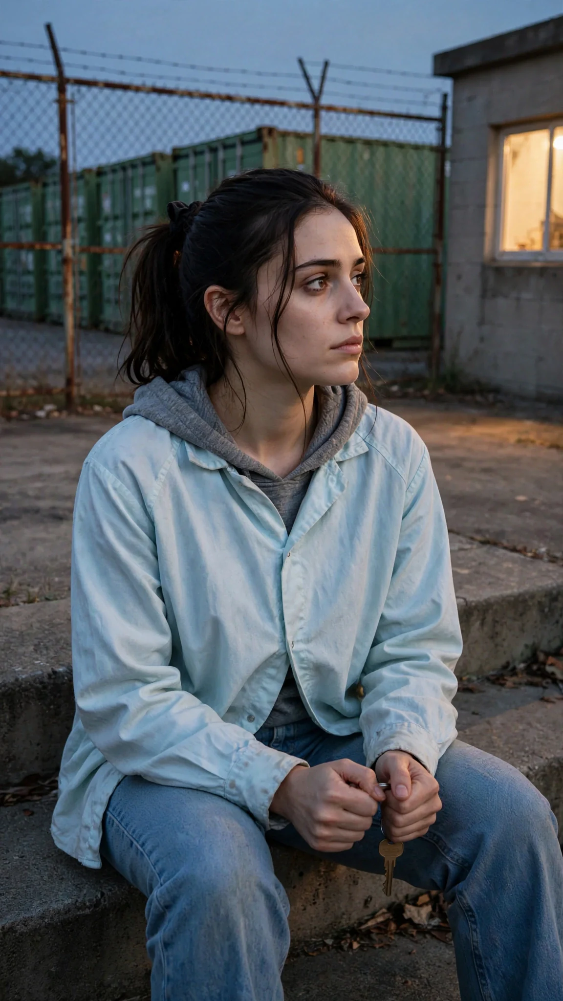 A young woman sits on the office step at dusk, the key in her fist, storage units stretching behind her.