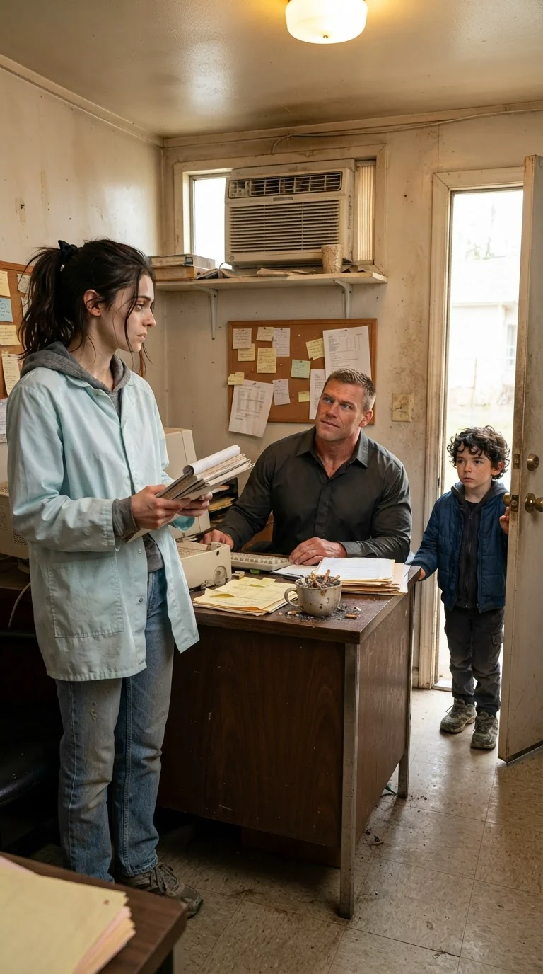 Dara stands in a cramped storage-yard office holding invoice pads while Arlen sits at the desk and Cal comes through the door.