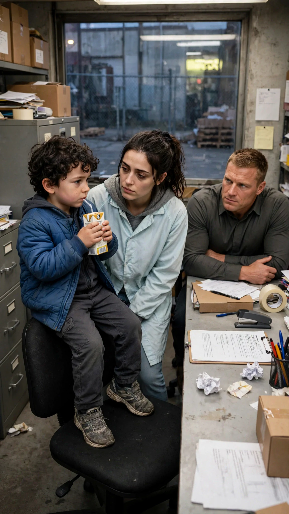 Cal sits on the edge of a chair with a juice box while Dara watches him and Arlen glares from the desk.