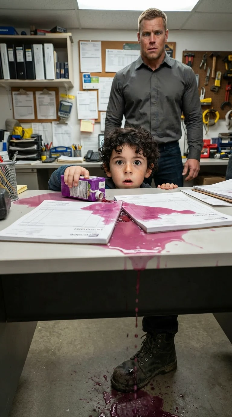 Purple juice spreads across invoices and drips onto Arlen's boot as Cal freezes.