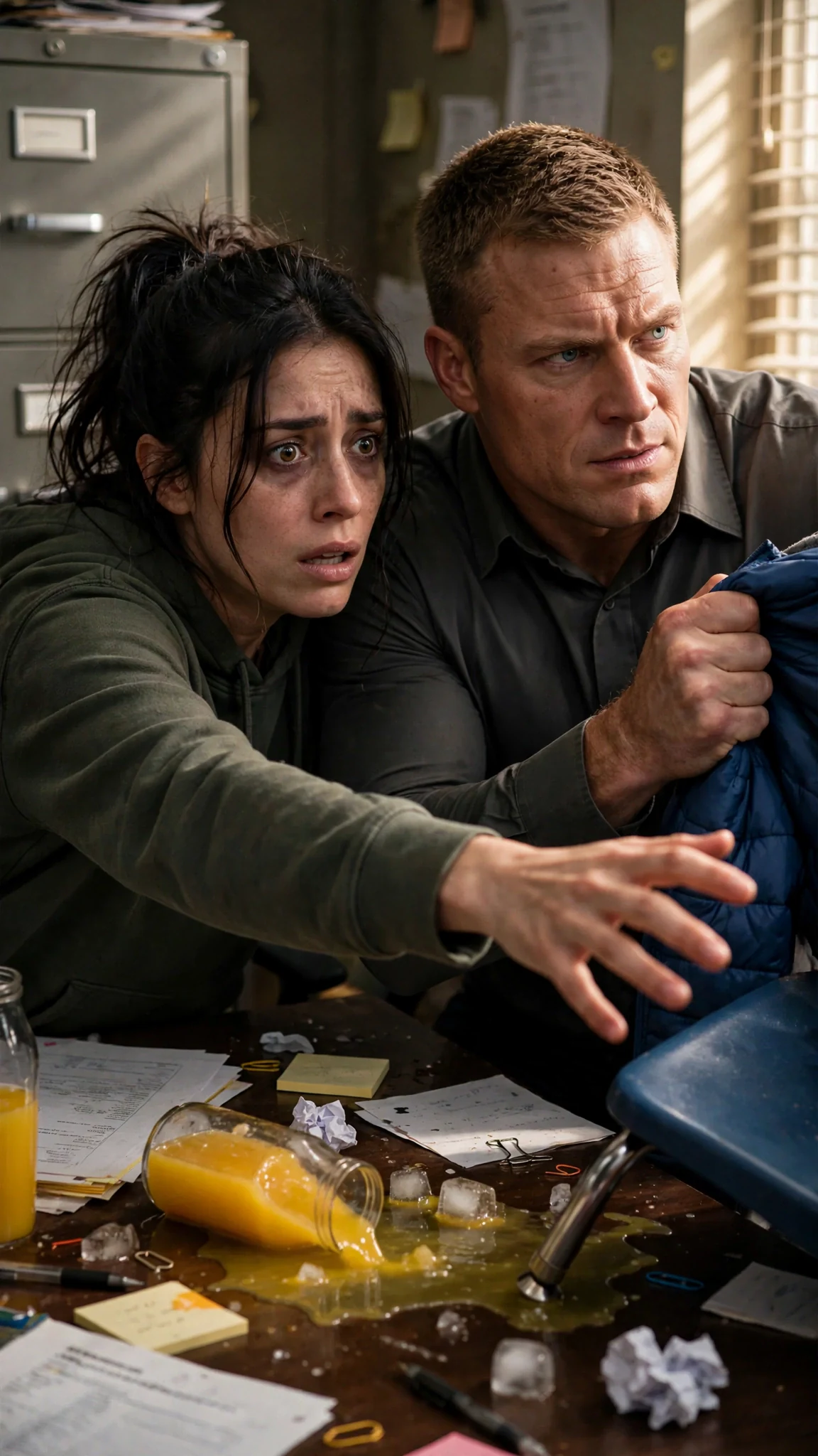 Arlen hauls Cal up off the chair by the back of his jacket while Dara reaches for them.