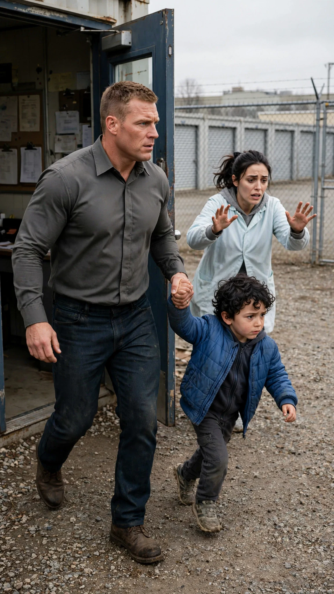 Arlen carries Cal out into the gravel yard while Dara follows, pleading.