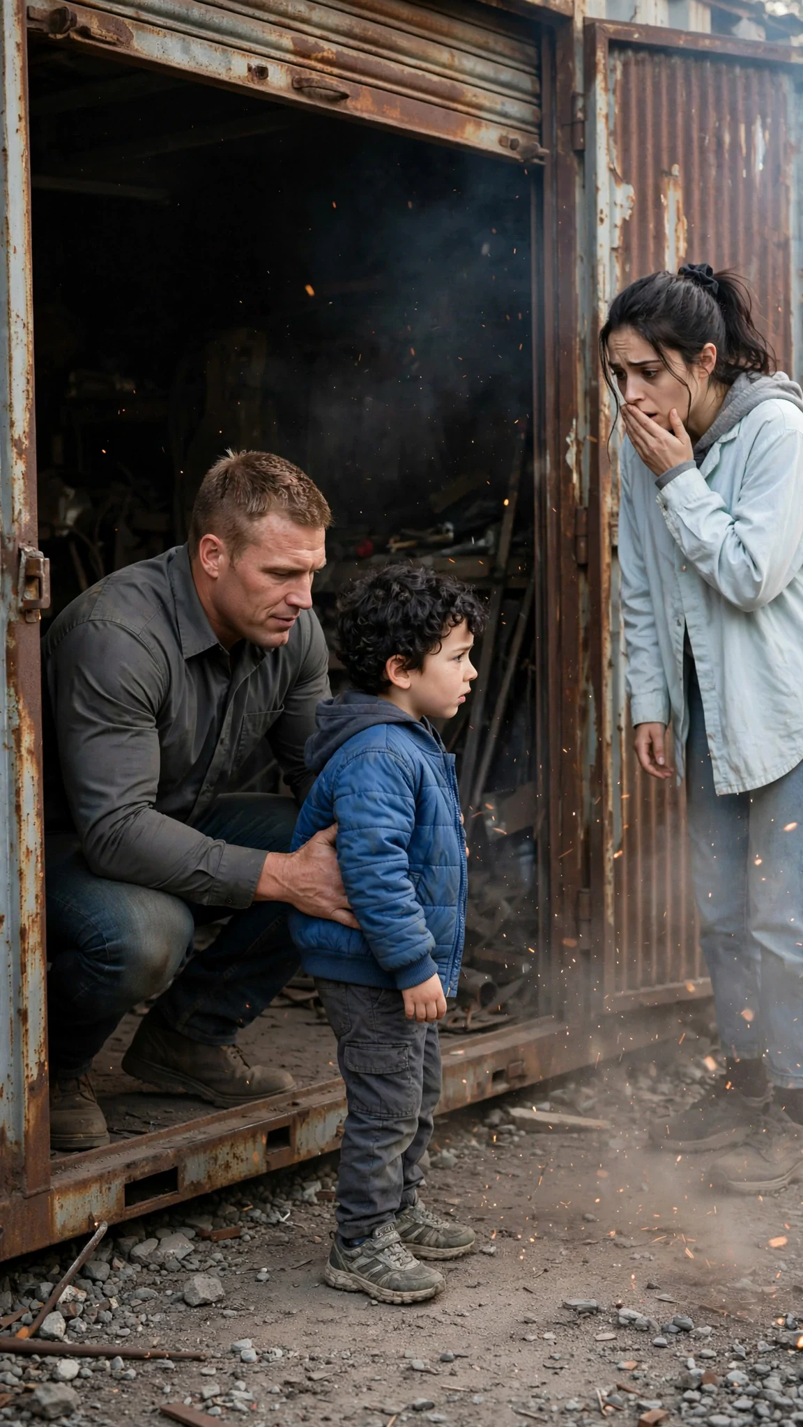 Arlen sets Cal on his feet inside an open storage unit while Dara watches from the gravel.