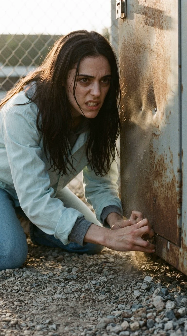 Dara pulls at the bottom edge of the closed storage door while the metal bulges from small fists inside.
