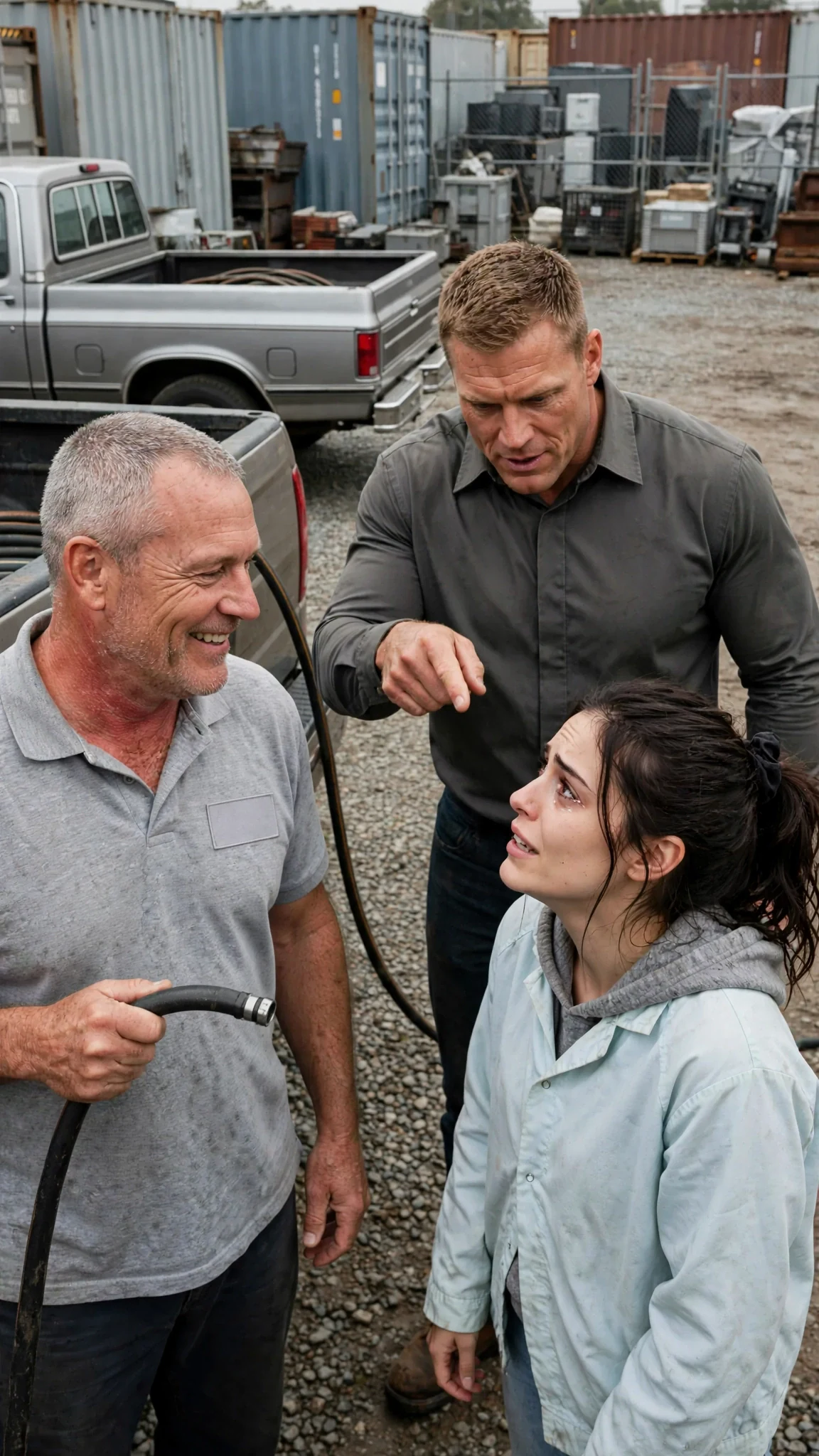 Hank stands by his truck holding a hose and watching, while Arlen points at Dara.