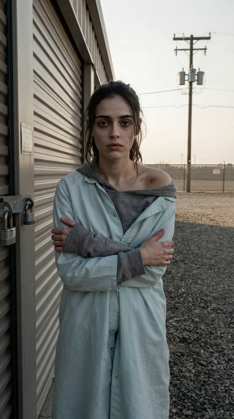 Dara stands alone in the gravel in front of the locked unit with her arms wrapped around herself.