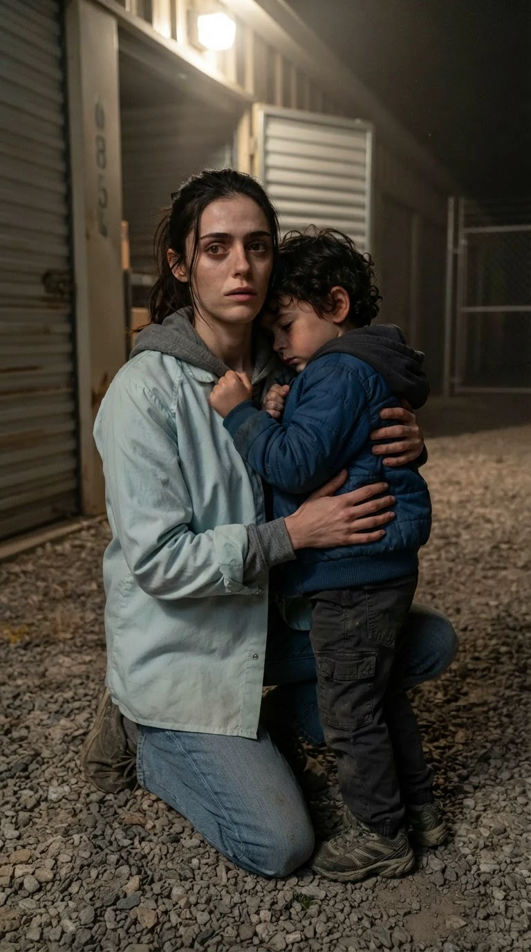 Dara kneels in the gravel holding Cal, who clings to her neck.