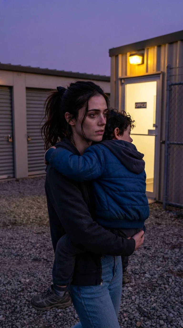 Dara carries Cal toward the office door at dusk, her face blank and set.
