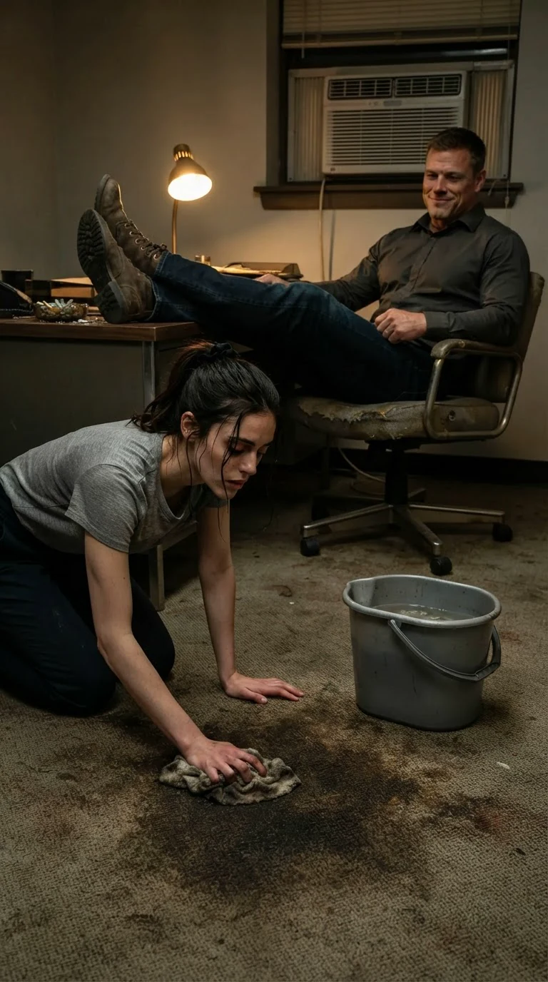 Dara scrubs the office floor on her knees while Arlen watches from the desk with his boots up.