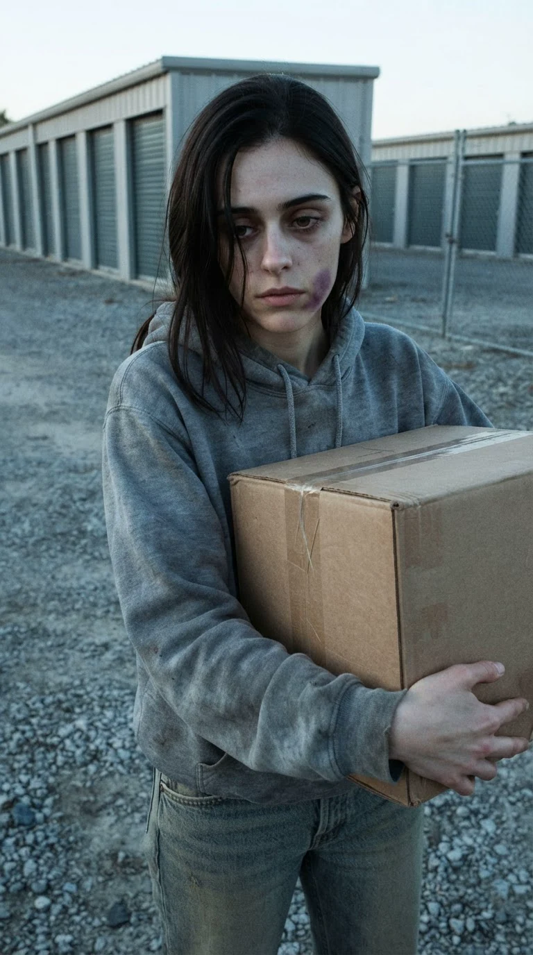 A tired young woman with a bruised jaw stands alone in a gravel storage lot, hair hanging over her face.
