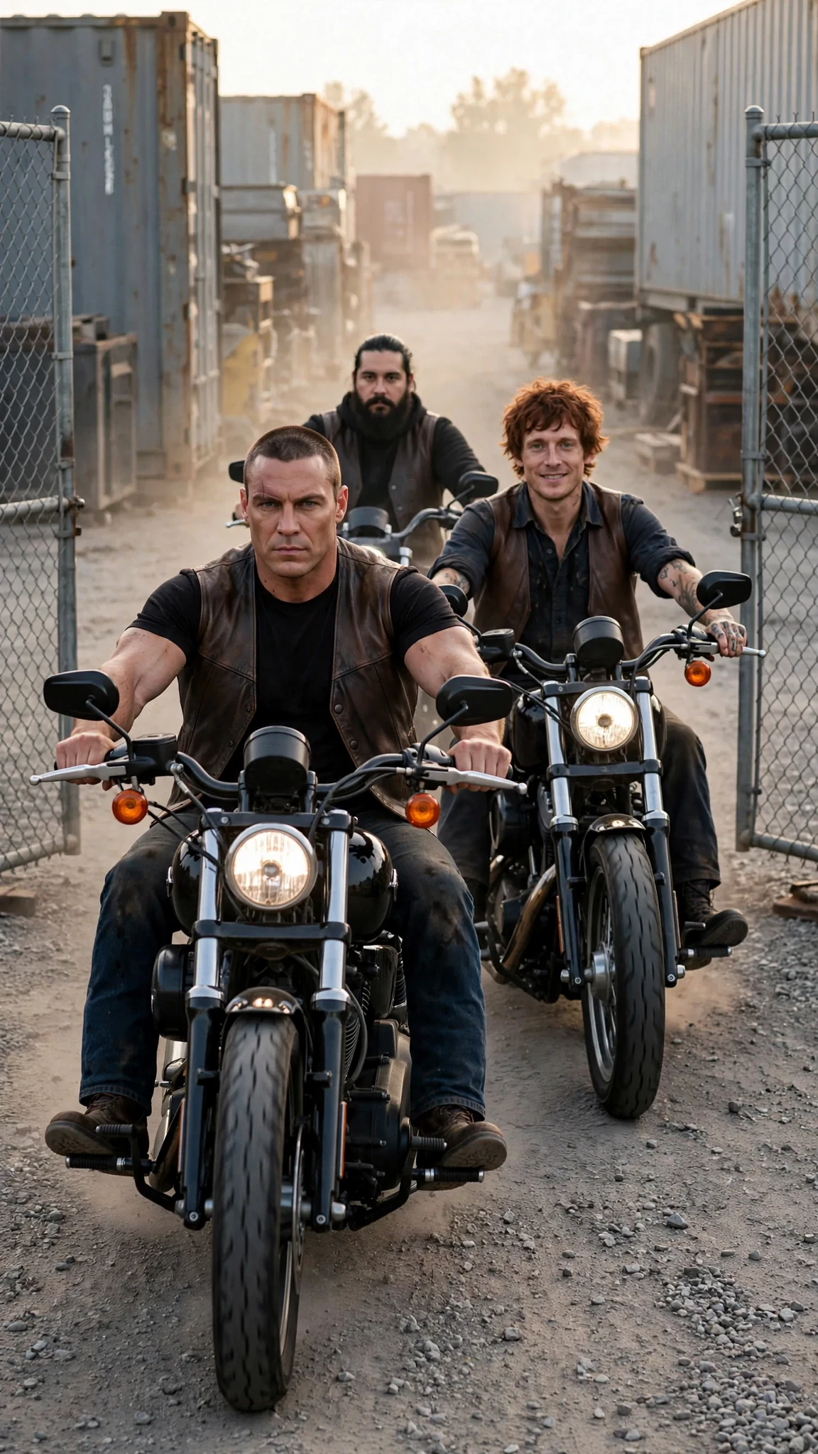 Three men on motorcycles roll through a storage lot gate toward a young woman.