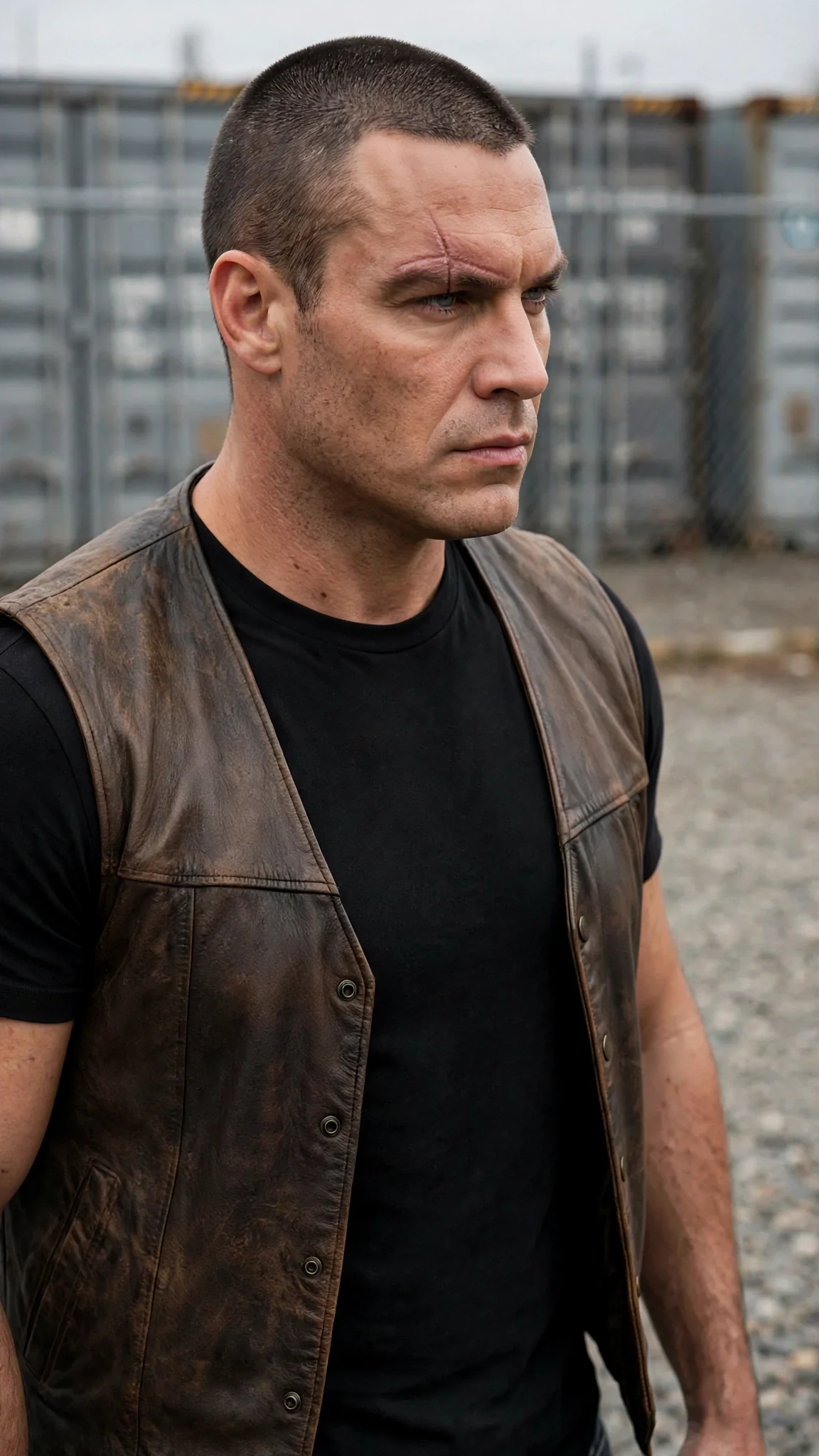 A scarred man in a leather vest stares hard at a woman's bruised face.