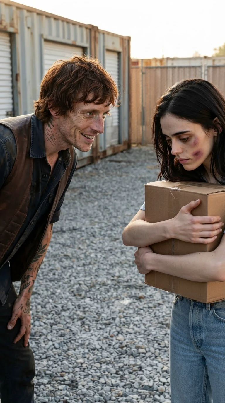 A bruised woman looks down while a grinning red-haired man leans in close.