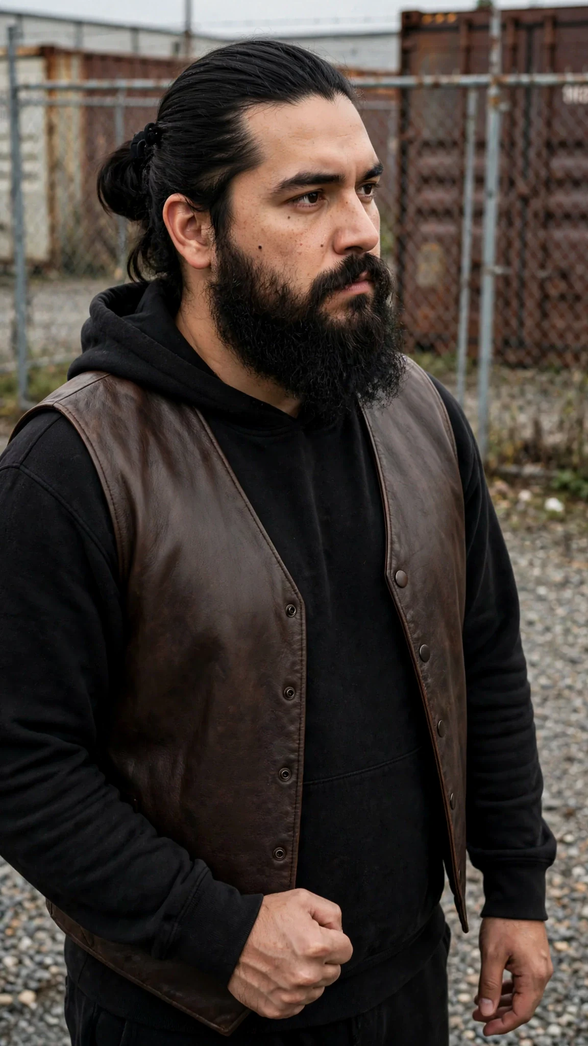 A big quiet bearded man studies the woman's jaw with a hard stare.