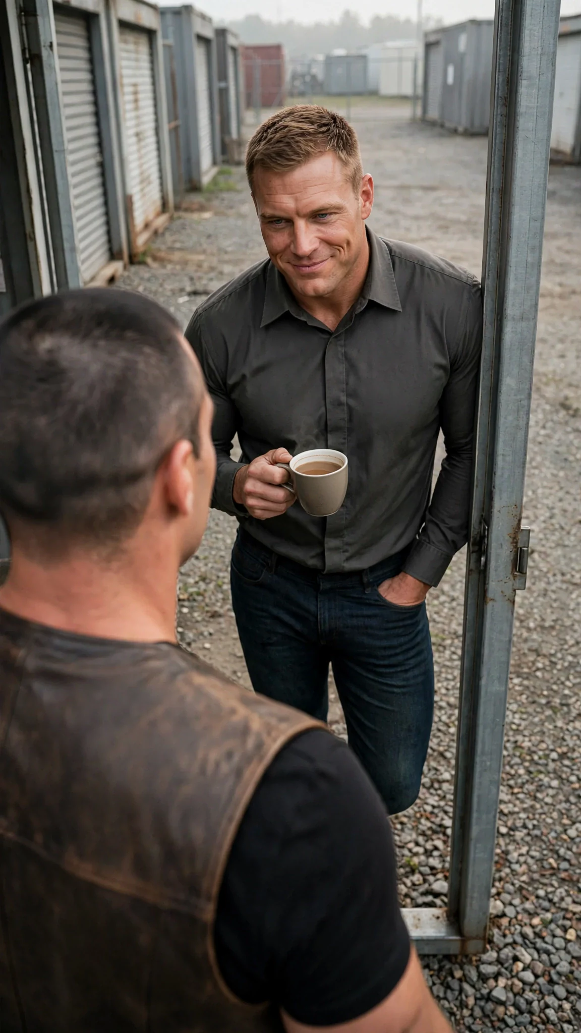 A broad man with a coffee cup smirks in an office doorway as a scarred biker faces him.