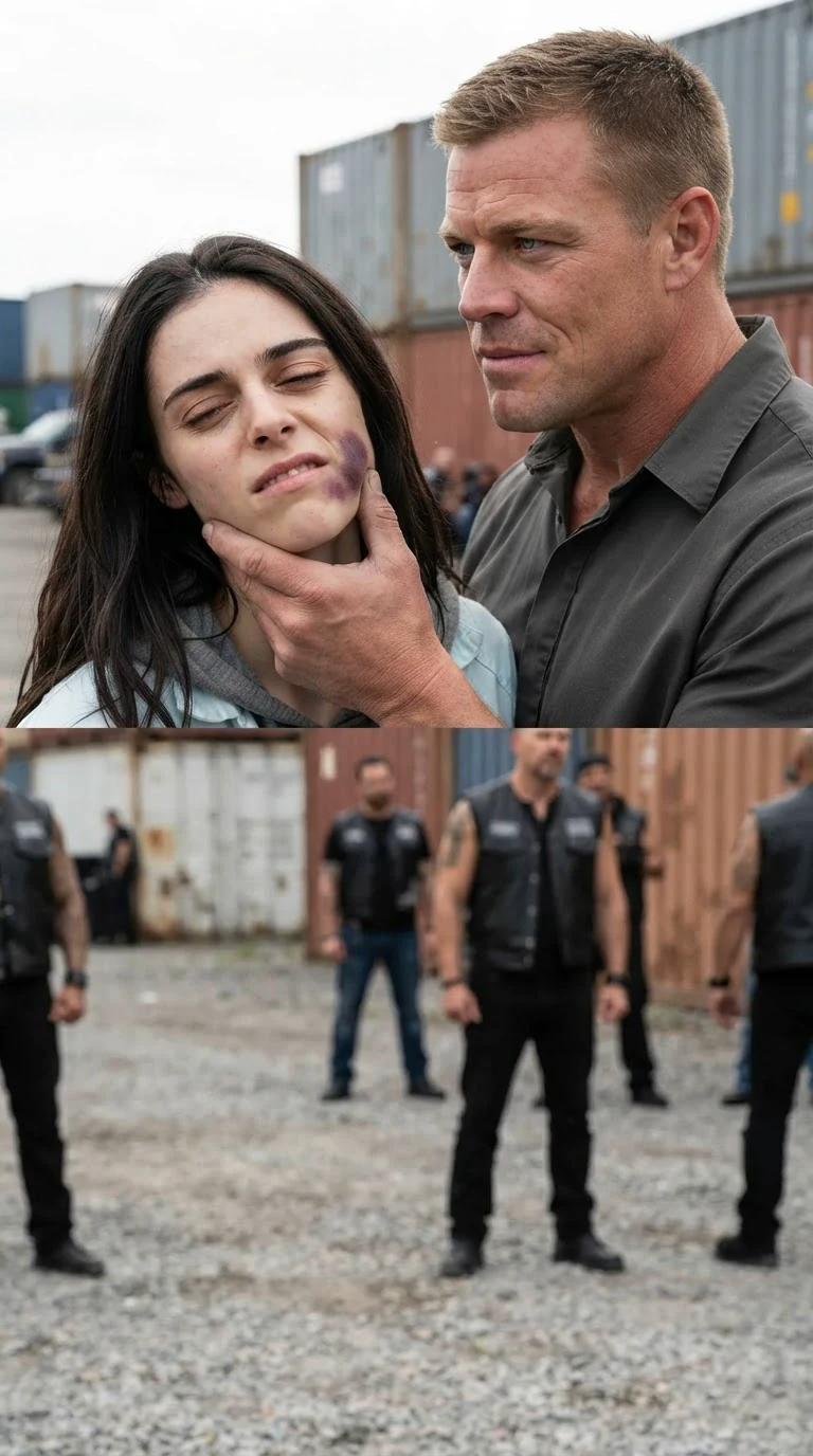 A man grips a woman's bruised jaw and turns her face toward the camera.
