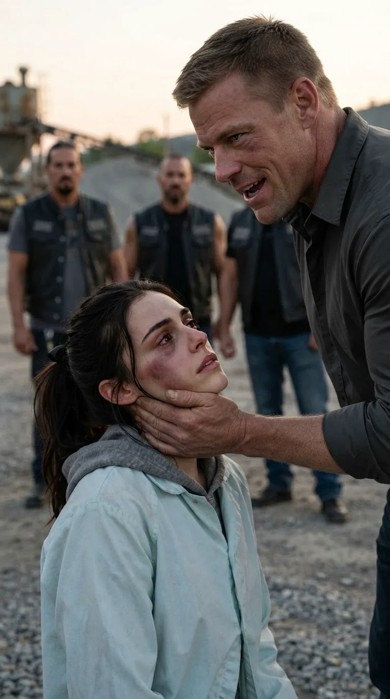 A man sneers while holding a woman's face up for three bikers to see.