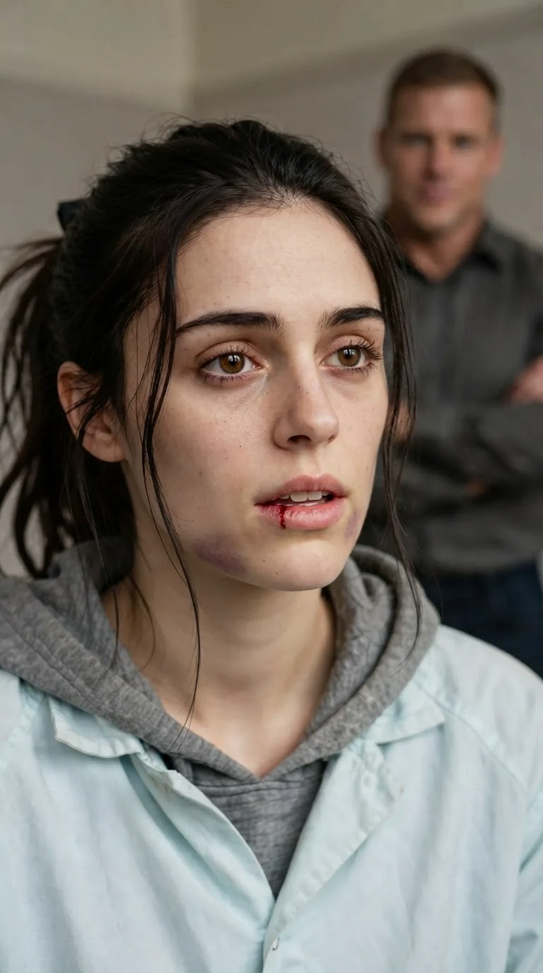 A woman with blood on her lip says the words she is told to say.