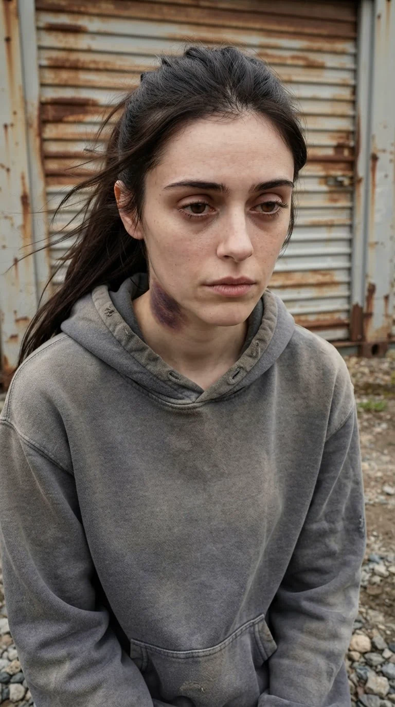A bruised woman stares blankly at the ground, hair blown back from her face.