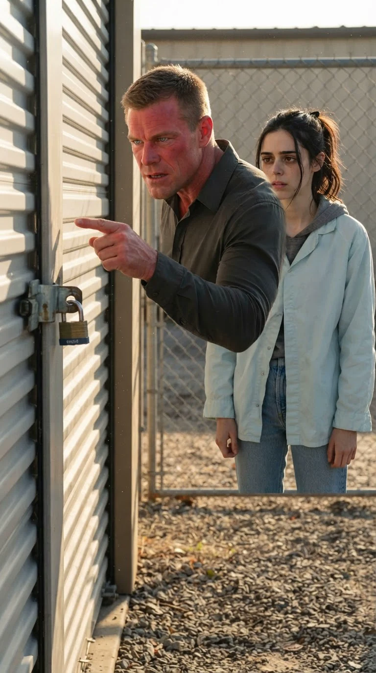 A man jabs a finger toward a storage unit while a woman stands frozen.