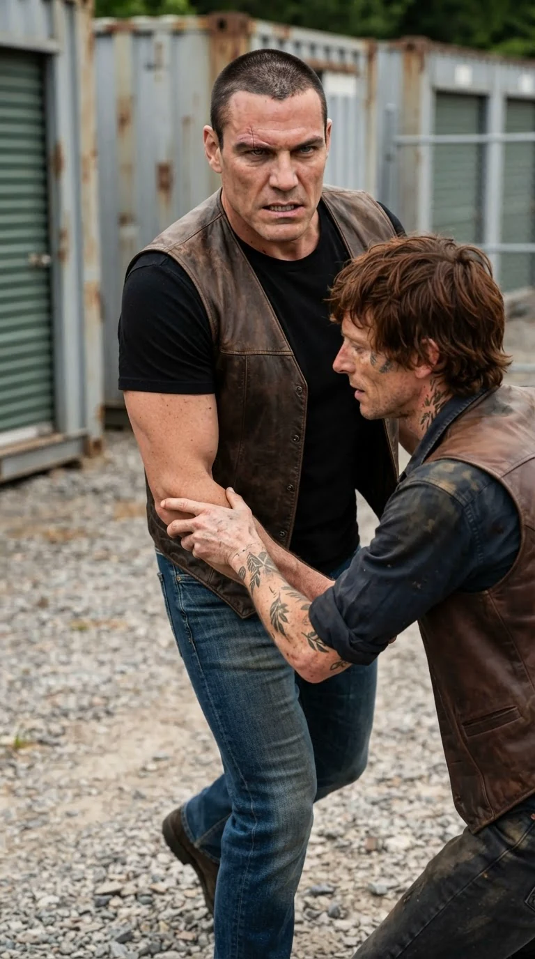 A scarred biker steps forward, cold fury on his face, as another man holds his arm.